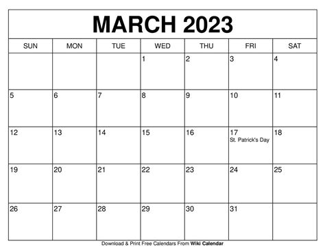 Wiki Calendar March 2023